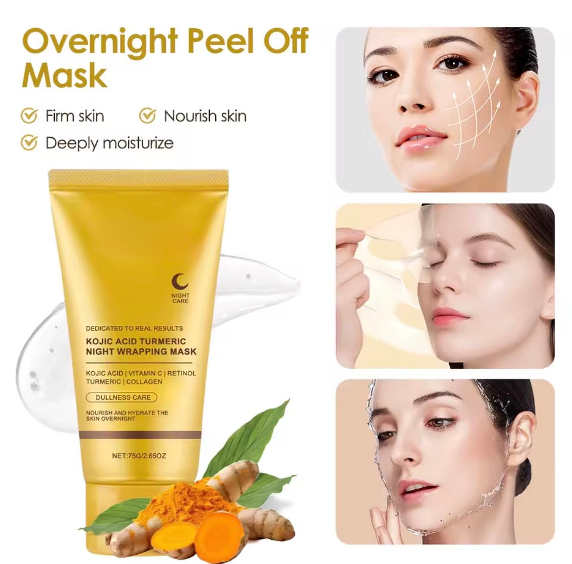 Kojic Acid Turmeric Overnight Wrapping Peel Off Mask Nourishes Hydrolyzed Collagen Glowing Skin Firmnes Skin Care