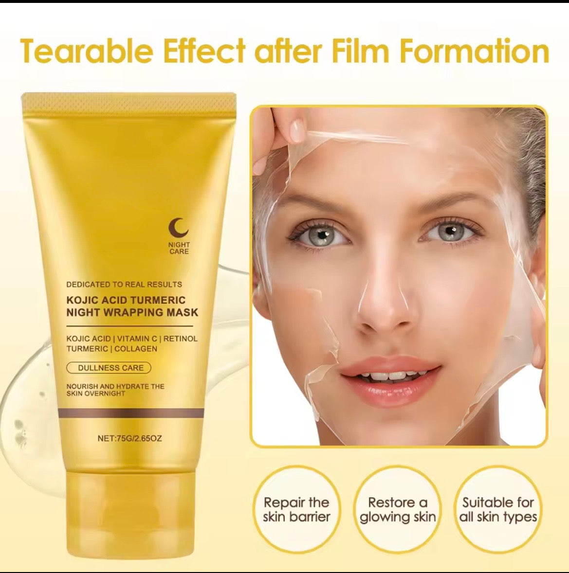 Kojic Acid Turmeric Overnight Wrapping Peel Off Mask Nourishes Hydrolyzed Collagen Glowing Skin Firmnes Skin Care